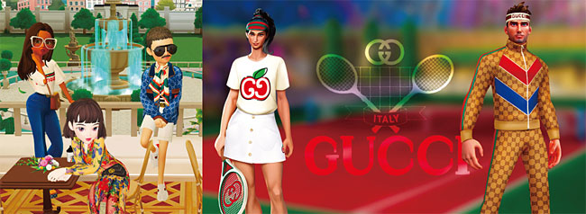 왼쪽부터 메타버스 플랫폼 제페토에 구축된 구찌 빌라 내 아바타. 구찌 의상을 입은 모바일 게임 테니스 클래시 캐릭터. 사진 제페토·구찌