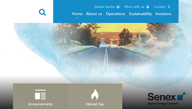 호주 천연가스 생산 업체 세넥스에너지 홈페이지. 사진 세넥스에너지
