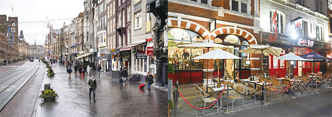 오미크론 변이 확산 속 한산한 유럽 시내. (왼쪽부터) 2021년 12월 19일(현지시각) 한산한 네덜란드 암스테르담 시내 거리와 12월 21일 영국 런던의 코벤트 가든 술집이 예년과 다르게 한가한 모습. 사진 EPA연합·AFP연합