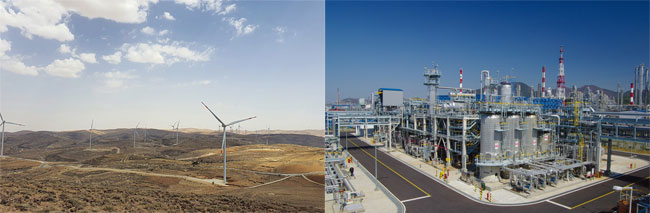 왼쪽부터 상업 운전에 돌입한 요르단 타필라(Tafila) 풍력 발전소. 여수산업단지 DL케미칼 공장 전경. 사진 DL