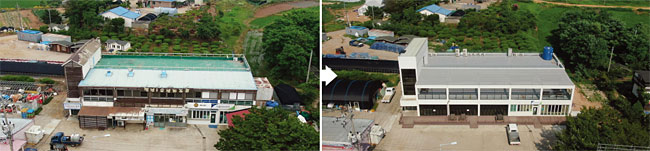 해양수산부가 추진하는 어촌뉴딜300 사업 시행 전 노후화된 백미항 숙박업소의 모습(왼쪽)과 시행 후 건립된 B&B 하우스의 모습. 사진 해양수산부