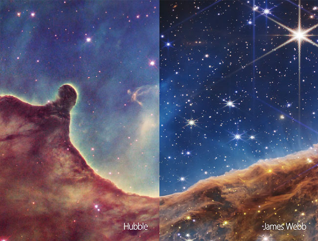 용골자리 대성운 비교 사진. 왼쪽이 허블 우주망원경 촬영, 오른쪽이 제임스 웹 우주망원경. 사진 미 항공우주국(NASA)