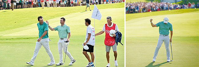 PGA투어 챔피언십 마지막 라운드에서 함께 라운드를 한 로리 매킬로이(왼쪽에서 두 번째)와 스코티 셰플러(사진 맨 왼쪽). 투어 챔피언십 마지막 라운드에서 우승을 확정한 후 세리머니를 하는 로리 매킬로이. 사진 PGA투어