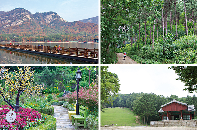 1 산정호수의 가을. 2 피톤치드 향 가득한 국립수목원 탐방로. 3 허브아일랜드 산책로. 4 광릉. 사진 최갑수
