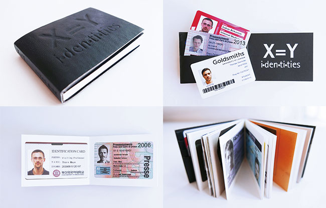 1 사진집 ‘X=Y I·den·ti·ties’의 표지. 2, 3, 4 책에는 작가인 루카스 버크(Lukas Birk)가 전 세계의 다양한 신분증에 자신의 얼굴을 합성하고, 일부 텍스트 정보를 변형한 가짜 신분증들이 담겨 있다. 사진 김진영