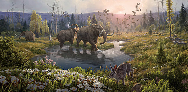 200만 년 전 그린란드 북단의 한 숲을 그린 상상도.지층에 남은 DNA를 통해 당시 코끼리의 먼 친척인 마스토돈을 비롯해다양한 동식물이 살았던 것으로 확인됐다. 사진 Beth Zaiken