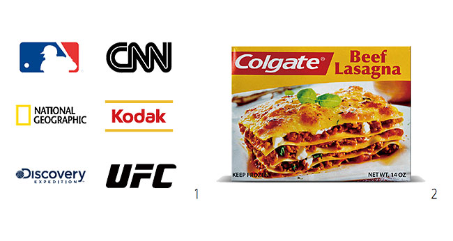 1 최근 국내에서 라이선스 브랜드로 뜨고 있는 브랜드들. 왼쪽 위부터 시계 방향으로 MLB, CNN, 코닥, UFC, 디스커버리 익스페디션, 내셔널 지오그래픽. 사진 각 사 2 치약 브랜드로 유명한 미국의 콜게이트가 출시한 냉동식품. 사진 브랜다임앤파트너즈