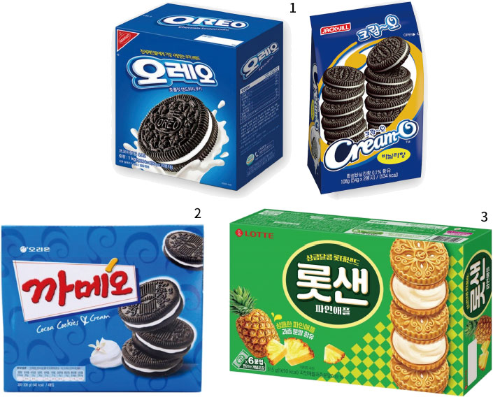 1 오레오와 크림오. 사진 조선비즈 DB 2 오리온 까메오. 사진 네이버 쇼핑 3 롯샌(옛 롯데샌드). 사진 쿠팡