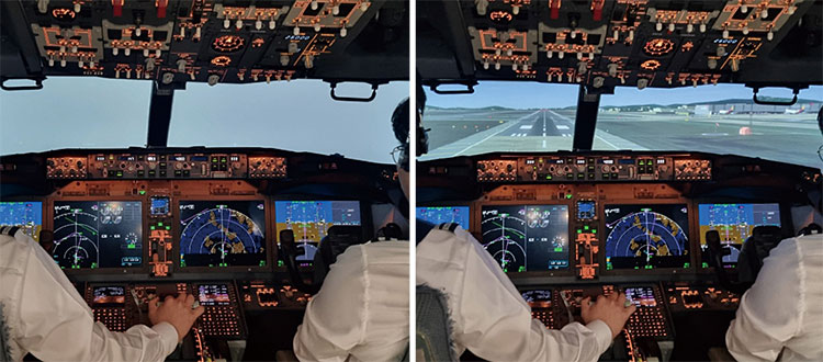 안개가 짙게 낀 날을 재현한 제주항공 B737-8 시뮬레이터 화면(왼쪽). 오른쪽은 평상시 맑은 날의 활주로. 사진 윤예원 기자