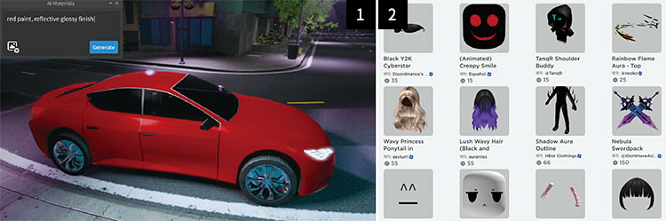 1. 로블록스 스튜디오의 생성AI 도구 ‘머티리얼 제너레이터’를 활용해 제작한 3D 콘텐츠. 2. 로블록스 이용자들이 직접 제작해 판매 중인 아이템들. 로블록스의 게임 속 가상통화 ‘로벅스’로 거래가 이뤄진다. 사진 로블록스 스튜디오