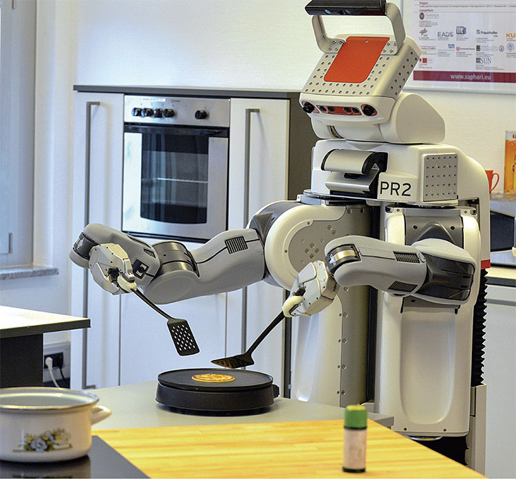 구글이 투자한 로봇 회사 윌로 개라지가 개발한 PR2 로봇이 요리하는 모습. 이 회사는 전 세계 연구 기관에 로봇을 무상 제공하고 요리와 빨래 등 다양한 집안일을 배우도록 했다. 나중에 인터넷에서 각자의 경험을 공유하면 단기간에 다양한 일을 할 수 있다는 계산이었다. 사진 Willow Garage