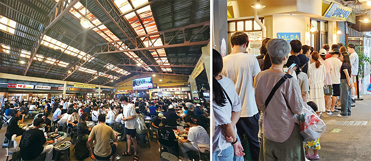 1 8월 13일 오전 11시 충남 예산군 예산시장 장터 광장에서 방문객들이 고기를 구워 먹고 있다.
2 시장 안 ‘광시카스테라’ 앞에 카스텔라를 구매하기 위한 대기 줄이 수십 미터 길게 이어졌다. 사진 김우영 기자