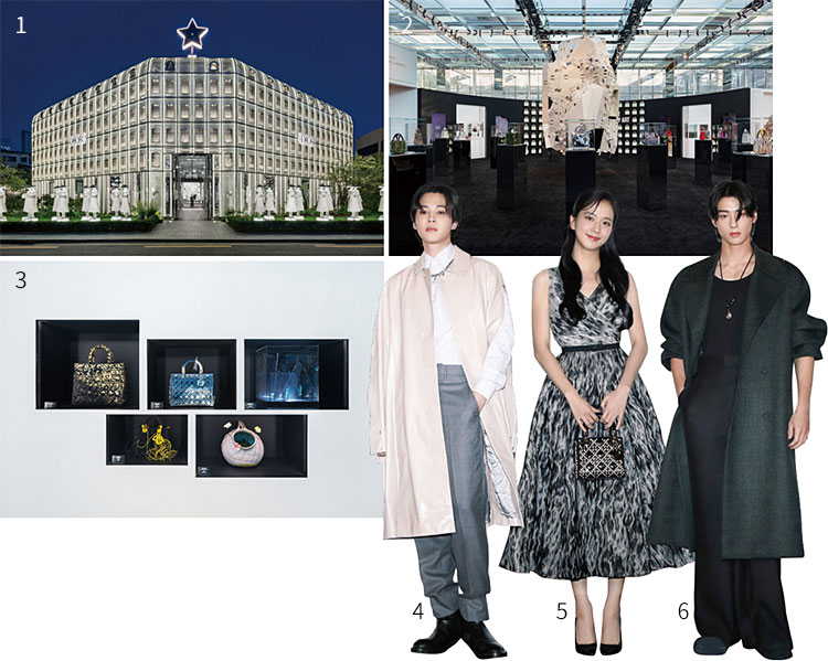 1 ‘레이디 디올 셀러브레이션(Lady Dior Celebration)’ 전시회가 열린 성수동 디올 콘셉트 스토어. 
2 ‘레이디 디올 셀러브레이션’ 전시회. 3 24인의 작가가 
재창조한 디올의 아이콘 백 ‘레이디 디올’ 작품. 
4 BTS 지민. 5 블랙핑크 지수. 6 차은우. 사진 디올