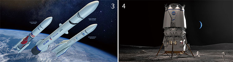 3 아마존은 카이퍼 프로젝트의 우주 인터넷 위성을 발사할 로켓으로 ULA와 블루오리진, 아리안스페이스의 로켓 3종을 선택했다. 사진 아마존 4 블루오리진의 블루문 달 착륙선 상상도. 블루오리진은 지난 5월 미국이 반세기 만에 추진하는 유인(有人) 달 탐사 아르테미스 프로그램에서 스페이스X에 이어 두 번째로 달 착륙선 개발 업체로 지정됐다. 사진 블루오리진