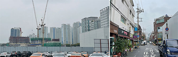 서울 성동구 용답동 청계리버뷰자이 공사 현장과 인근 빌라 골목. 사진 오은선 기자