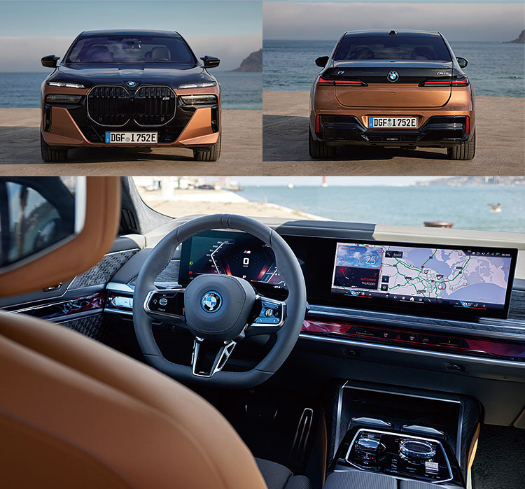 BMW i7 M70 x드라이브의 정면, 후면, 내부. 사진 BMW