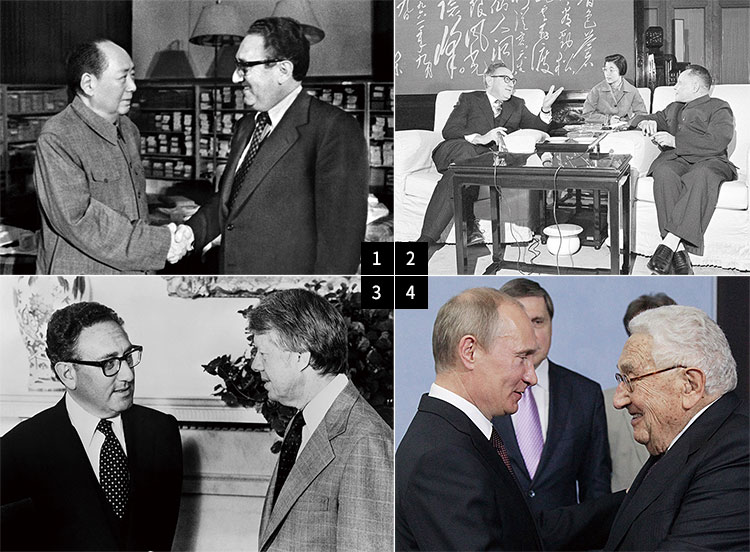 1 1973년 마오쩌둥 중국 초대 주석과 함께한 헨리 키신저 전 미국 국무장관. 사진 AFP연합
2 1974년 덩샤오핑 중국 부총리는 그를 ‘중국 인민의 오랜 친구(老朋友·라오펑요우)’라고 불렀다. 사진 AP연합
3 1977년 지미 카터 전 미국 대통령은 그와 중동평화 관련 외교정책도 자주 논의했다. 사진 AFP연합
4 2012년 블라디미르 푸틴 러시아 대통령을 만나 대화를 나누고 있다. 사진 EPA연합