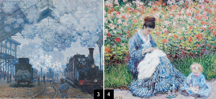 3 클로드 모네 , 생 라자르 역(La Gare Saint-Lazare) 도착 열차, 1877. 4 클로드 모네, 모네의 정원에 있는 카미유 모네와 아이, 1875. 사진 위키갤러리