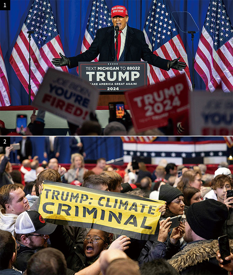 1 도널드 트럼프 전 대통령이 2월 17일 미국 미시간주에서 열린 캠페인 행사에서 연설하고 있다. 사진 EPA연합 2 1월 14일 미국 아이오와주 인디애나에서 기후 시위대가 도널드 트럼프 캠페인 행사에서 그의 기후 정책에 반대하는 시위를 하고 있다. 사진 로이터연합