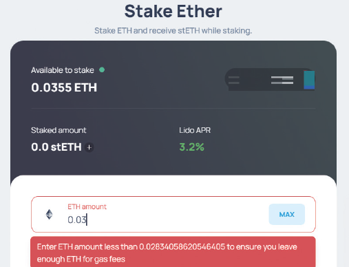 A screen to determine the amount of Ethereum to be deposited in LIDO. The reporter holds 0.0355 Ethereum, but since a gasfee must be paid, the maximum depositable Ethereum is displayed as 0.028. photo lido
