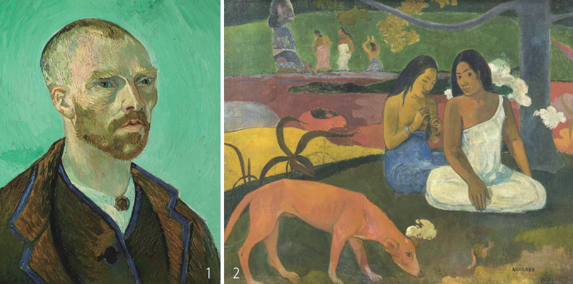 1 빈센트 반 고흐, ‘자화상(폴 고갱에게 헌정)’, 캔버스에 유채, 61.5×50.3㎝, 1888. 사진 위키피디아
2 폴 고갱, ‘Arearea(기쁨)’, 캔버스에 유채, 75×93㎝, 1892. 사진 위키피디아