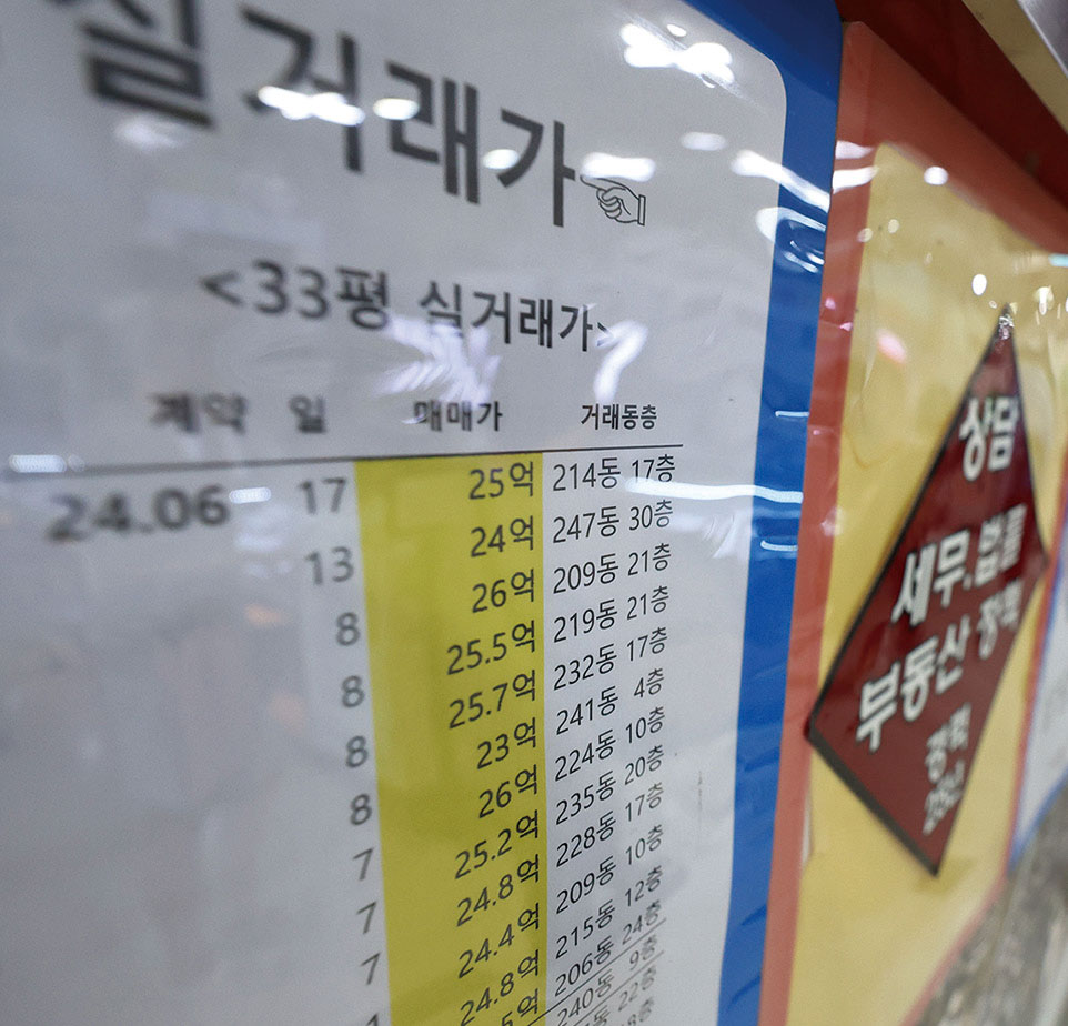 7월 15일 서울의 한 부동산 중개업소에 아파트 실거래 가격이 게시돼 있다. 부동산 플랫폼 ‘직방’에 따르면, 국토교통부 아파트 매매 실거래가 자료를 분석한 결과, 올해 상반기(1~6월) 서울 아파트는 총 2만 3328건이 거래됐다. 그중 53.1%(1만2396건)가 9억 원 초과 거래 건으로 집계됐다. 이는 통계가 집계된 2006년 이후 가장 높은 수준이다. 사진 뉴스1