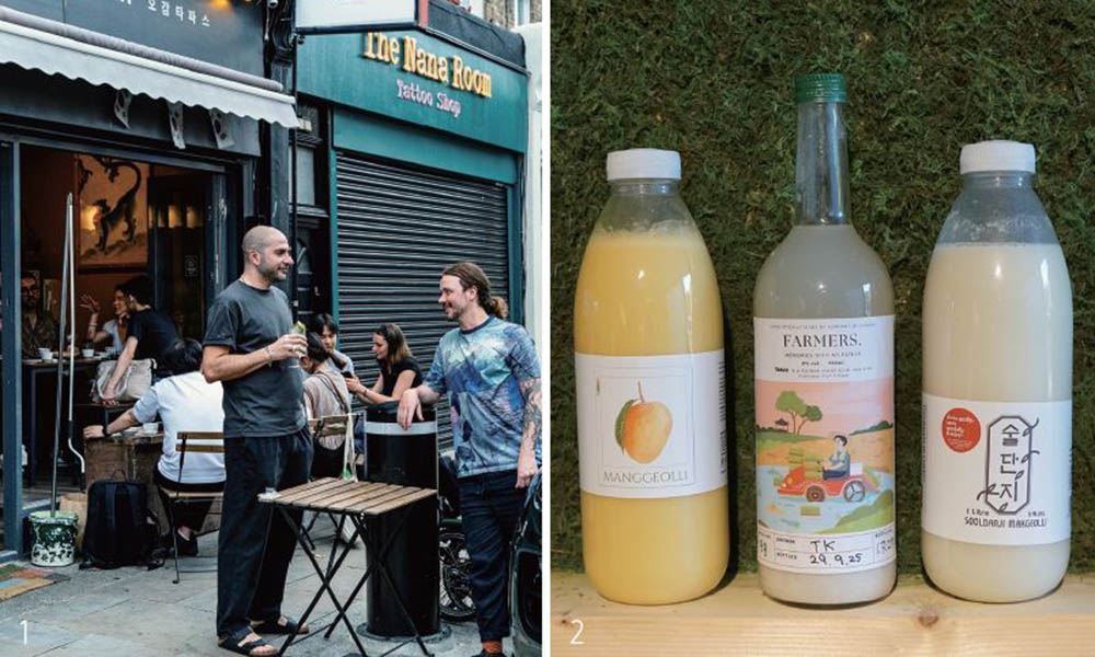 1 김태열 술도가 대표가 런던에서 운영 중인 ‘오감 타파스바’. 한국 음식을 타파스 형식으로 제공하며 전통주 페어링을 선보인다. 2 술도가에서 빚는 막걸리 제품들. /사진 술도가