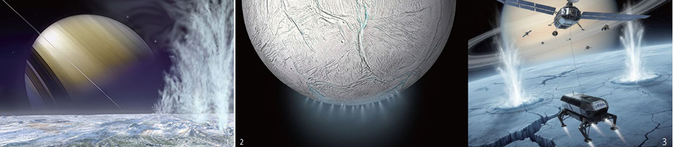 1 토성 위성인 엔켈라두스에서 물기둥이 분출되는 상상도. 뒤에 보이는 천체가 고리 달린 토성이다. NASA 2 토성 위성 엔켈라두스와 남극의 물기둥 분출 합성 사진. 탐사선 카시니는 2005년 엔켈라두스의 남극에서 물기둥이 분출되는 모습을 처음 포착했다. NASA 3 유럽우주국(ESA)은 2042년 토성 위성 엔켈라두스에 탐사선과 착륙선을 보낼 계획을 추진 중이다. 그림은 그 상상도다. 뒤로 고리가 있는 토성이 보인다. /사진 interplanetary.tv