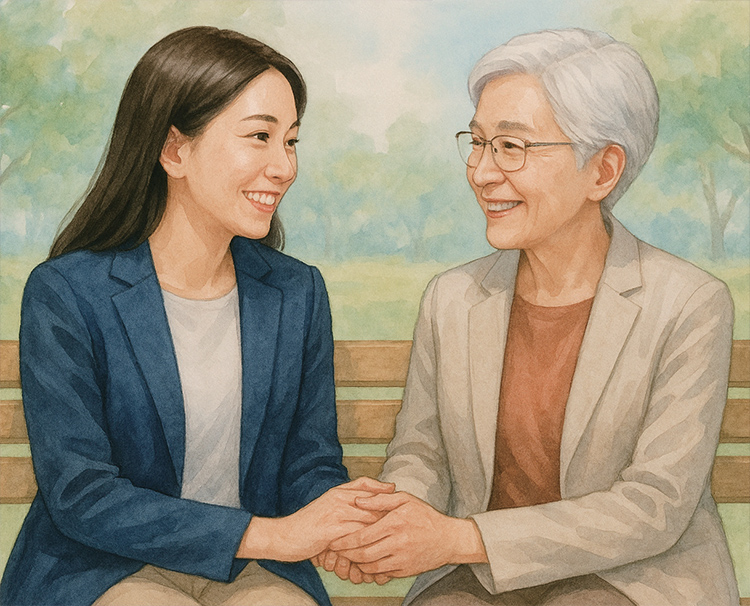 한 청년과 노인이 서로의 말에 공감하며 이야기를 나누고 있다. /챗GPT