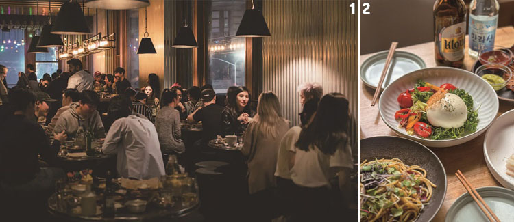 1 소주하우스의 내부. 한국 포차를 대표하는 스테인리스 원형 테이블과 간이 의자가 모던한 인테리어와 조화를 이룬다. 
2 소주하우스에서 판매 중인 술과 음식들. 한국
맥주 카스와 소주 한라산, 한국에서도 인기가 많은 마른오징어, 육회 등이 눈에 띈다. /사진 소주하우스