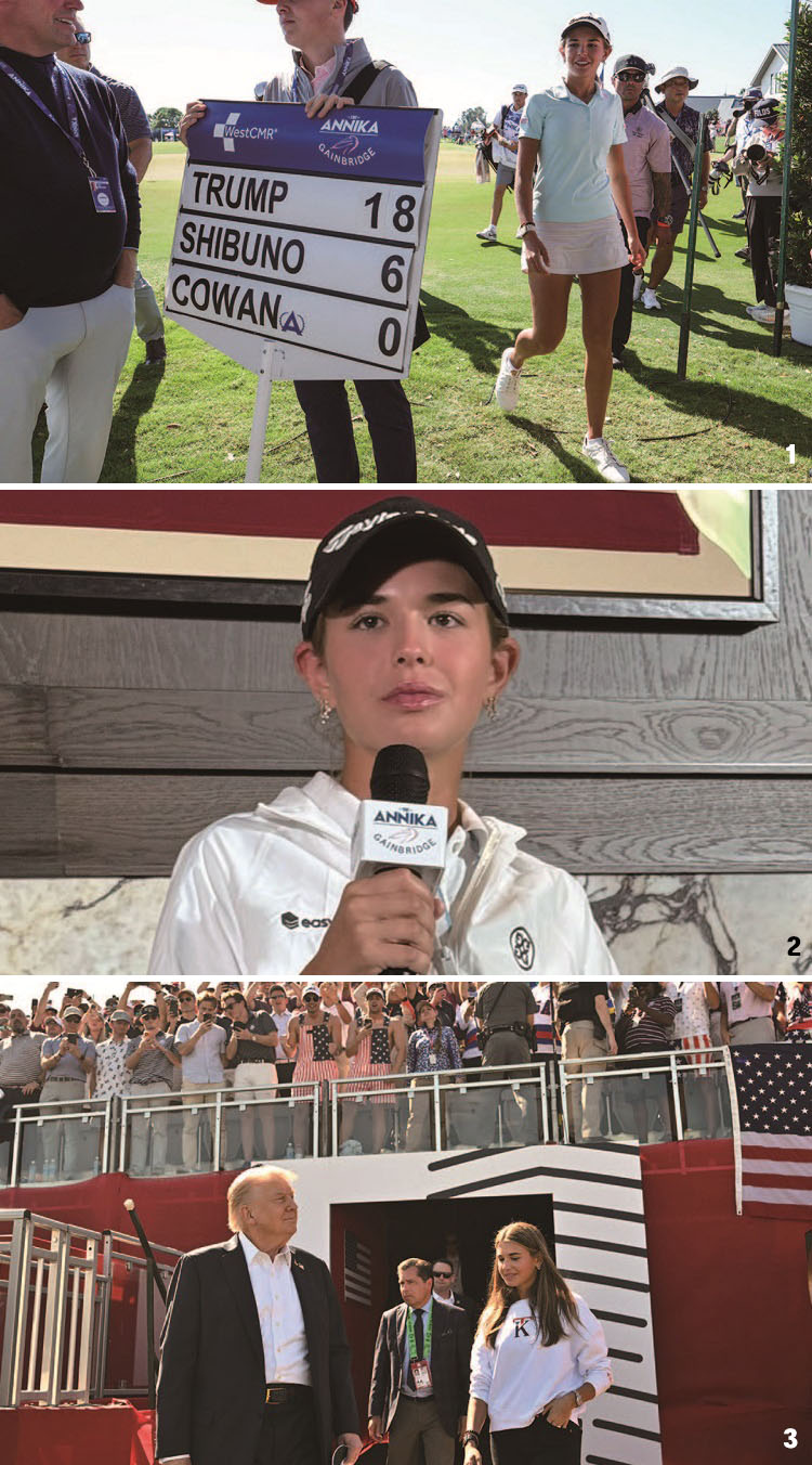 1 카이 트럼프가 11월 15일 LPGA 대회를 마치고 걸어나가고 있다. /사진 연합뉴스 
2 11월 11일 미국 플로리다주 벨에어에서 열린 LPGA 대회 기자회견에서 트럼프 미국 대통령의 손녀 카이가 발언하고 있다. /사진 AP연합 
3 9월 26일 미국 뉴욕주 파밍데일의 베스페이지 블랙 골프 코스에서 열린 라이더컵 대회에 트럼프 대통령과 손녀 카이 트럼프가 참석하고 있다. /사진 AP연합