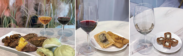 1 겨울 간식과 와인. 
2 붕어빵과 스위트 레드. 
3 곶감말이와 토카이. /사진 김상미