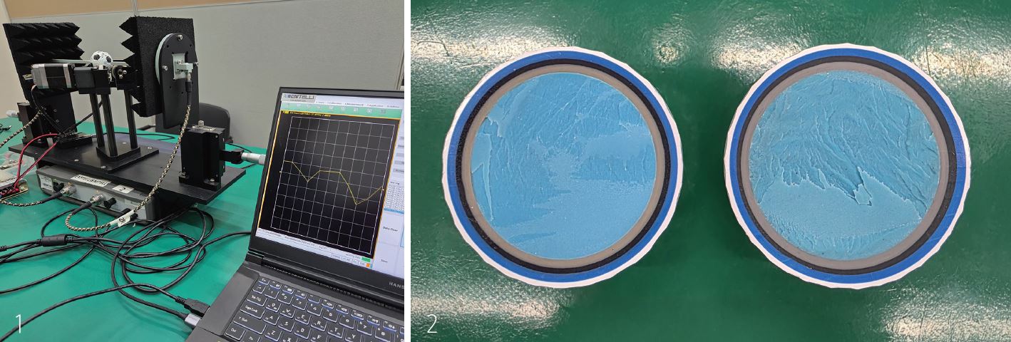 1 황금철 교수가 세계 최초로 개발한 골프공 전자파 측정 장비 볼사이트. 공을 회전시키며 2000~6000면에 전
자파를 투과한 뒤 응답 신호를 분석해 내부 균일도를 측정한다. 
2 골프공을 잘라보면 오른쪽처럼 공의 코어나 맨틀 두께가 균일하지 않은 편심볼을 확인할 수 있다. /사진 민학수