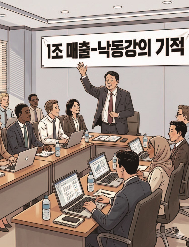 '1조 매출-'낙동강의 기적' 그날까지' 회사 슬로건 앞에서 임직원을 독려하는 회사 회장. /사진 구글 제미나이