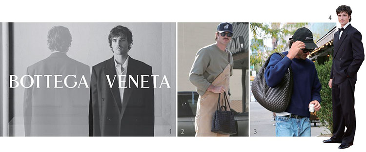 1 보테가 베네타의 ‘꿈이란 무엇인가’ 캠페인. 2, 3 보테가 베네타 ‘인트레치아토’ 백을 든 일상 룩. 4 베니스국제영화제 레드 카펫에 선보인 보테가 베네타의 턱시도 룩. /사진 보테가 베네타 
