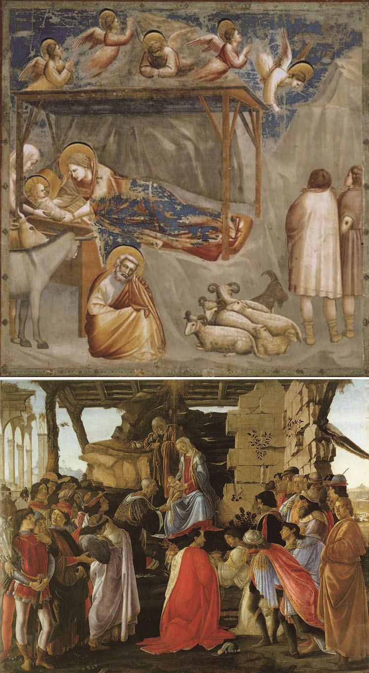 (위) 조토 디 본도네, '예수의 탄생', 1304~1306년. (아래) 산드로 보티첼리, '동방박사의 경배', 1475년. /사진 위키피디아