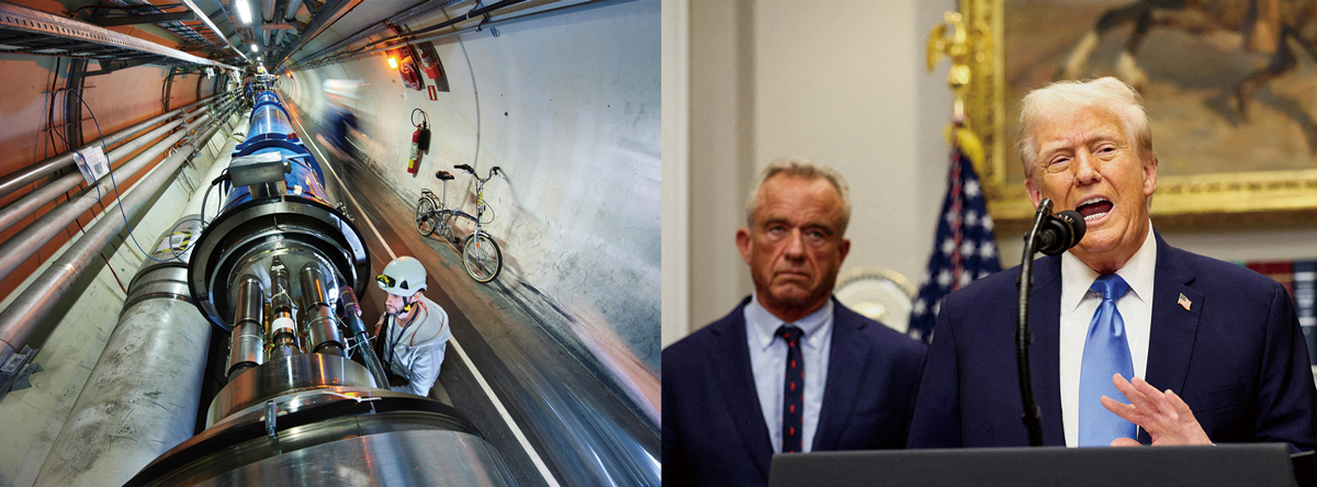 유럽입자물리연구소(CERN)의 대형강입자충돌기(LHC)는 스위스와 프랑스 국경 지하에 있는 세계 최대 입자 가속기로, 둘레가 27㎞에 달한다. 빅뱅(대폭발) 당시를 재현해 우주 탄생의 비밀을 밝히는 지상 최대의 과학 실험 장치다. / 사진 CERN. 2025년 9월 22일 도널드 트럼프 미국 대통령이 “임신 중 진통제 타이레놀 복용이 자폐증과 연관이 있다”고 말하고 있다. 왼쪽은 로버트 케네디 주니어 보건복지부 장관. / 사진 로이터연합