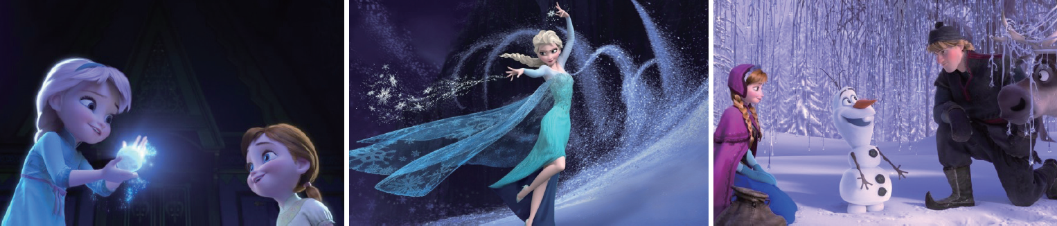 1 어릴 적 함께 노는 안나와 엘사. 2 마법을 외우는 엘사. 3 안나와 올라프 그리고 크리스토프. / 사진 디즈니
