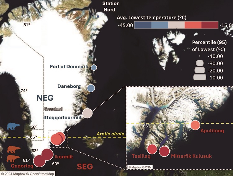 그린란드 남동부는 북동부에 비해 기온이 더 높은 것을 알 수 있다. 붉은 색은 남동부에 사는 북극곰, 파란색은 북동부에 있는 북극곰이다. 기온 상승에 따라 해빙이 감소하자 육식 대신 초식이 가능하도록 붉은 색 곰의 유전자가 바뀐 것으로 나타났다. /사진 '모바일 DNA'