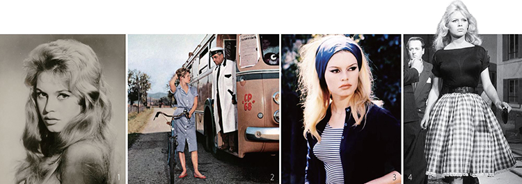 1·2 헝클어진 헤어와 캣츠 아이로 프렌치 시크의 원형이 된 브리지트 바르도. /사진 영화 '그리고 신은 여자를 창조했다' 스틸 3 와이드 헤어 밴드와 스트라이프의 아이코닉 룩. /사진 영화 '경멸' 스틸 4 깅엄 체크 스커트를 입은 브리지트 바르도. /사진 영화 '컴 댄스 위드 미!' 스틸