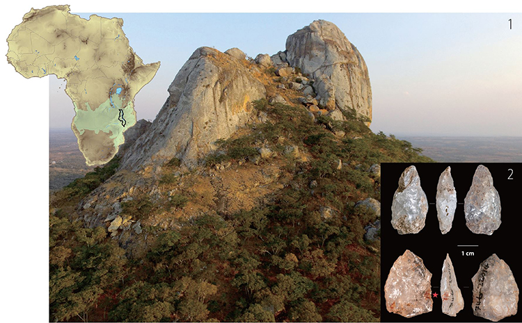 1 9500년 전 화장터가 발굴된 말라위의 호라-1 유적지 위치(지도의 검은 테두리)와 실제 사진. 2 아프리카 말라위 호라-1 유적지에서 나온 회색 부싯돌(위)과 석기 제작 과정에서 나온 파편. /사진 예일대·뉴욕대