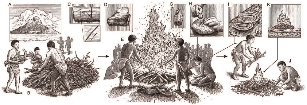 9500년 전 아프리카 말라위 수렵채집 사회의 화장 의식. 뼈에 남은 절단 흔적은 시신 일부가 살을 발라낸 상태였음을 보여준다(C).탄화한 영지버섯과 흰개미 굴은 죽은 나무가 연료로 사용됐음을 보여준다(I). 두개골과 치아 유해가 발견되지 않은 점은 화장 전에 제거됐을 가능성을 시사한다(J). 장작더미 위치에 여러 차례 불이 점화됐다는 사실은 해당 장소를 기억하기 위한 행동으로 추정된다(K). /사진 '사이언스 어드밴시스'