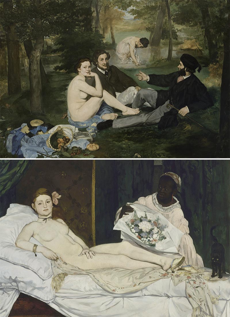 (사진 위쪽)에두아르 마네, ‘풀밭 위의 점심 식사’, 1863. /위키피디아
에두아르 마네, ‘올랭피아’, 1863(출품은 1865년). /위키피디아