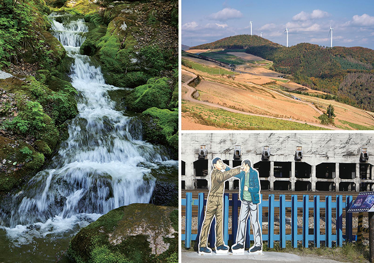 (시계 방향으로) 검룡소 용틀임폭포. 바람의 언덕. 철암 역두 선탄장. /사진 최갑수