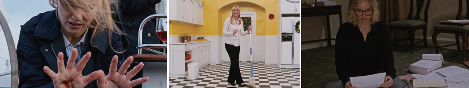 (왼쪽부터) 와인 닦은 걸레를 짜다 손을 다친 조이. 방송에 출연해 제품을 직접 설명하는 조이. 밤새 계약서를 검토하는 조이. /사진 20세기 스튜디오